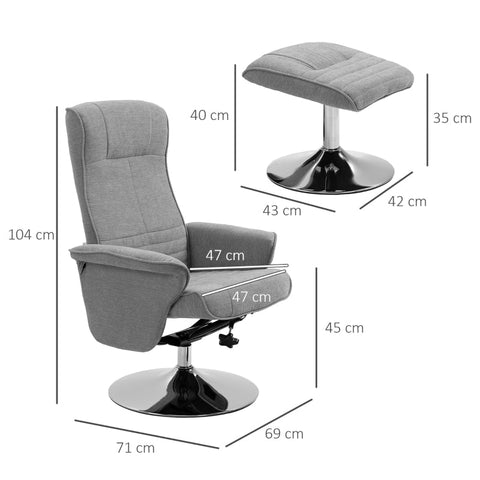 Rootz Recliner Chair with Stool - Swivel Chair - Tilting Backrest - Ultra-Soft Padding - 69cm x 71cm x 104cm - Velvet Fabric - Gray