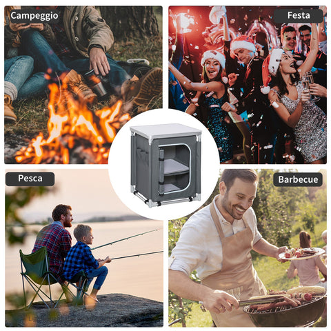 Rootz Camping Kitchen Cabinet - Foldable Cook Station - Portable Camping Table - Easy Transport - 60cm x 49cm x 70cm