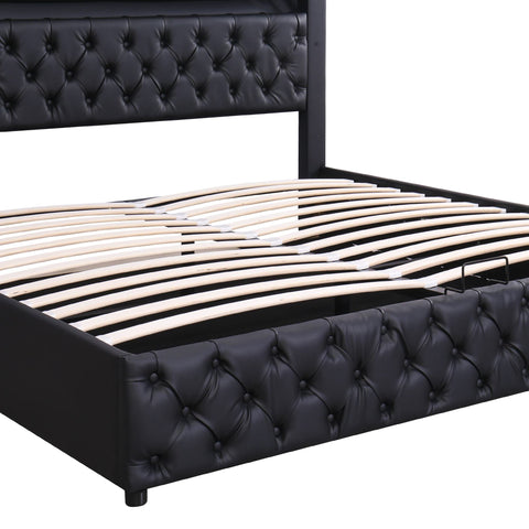 Rootz Upholstered Bed Frame - Storage Bed - LED Bed - Ample Storage Space - 207cm x 142cm x 100cm - Black