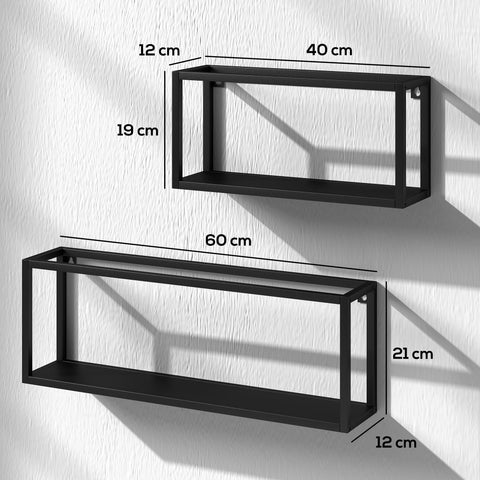 Rootz Set of 2 Wall Shelves - Floating Shelves - Display Racks - Space-Saving, 15kg Load - Steel, Black, 60x12x21cm & 40x12x19cm