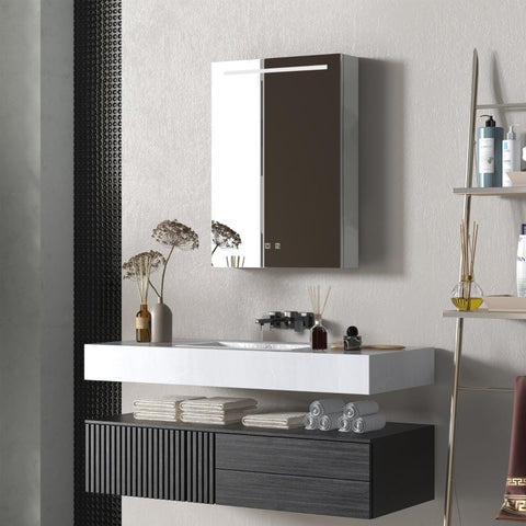 Rootz LED Illuminated Anti-Fog Bathroom Mirror Cabinet - Medicine Cabinet - Wall-Mounted Storage - Intelligent Touch Control - Space-Saving Design - 50x13x70cm - Stainless Steel Frame - Silver