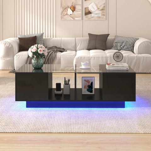 Rootz High Gloss Coffee Table - Modern Table - Living Room Centerpiece - LED Lighting - 120L x 50W x 37H cm