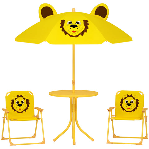 Rootz Children's Garden Furniture Set - Kids Chairs & Table - Lion Design - Adjustable Parasol - Easy Storage - Chair 36.5x38.5x50cm, Table Ø49.5x50h cm
