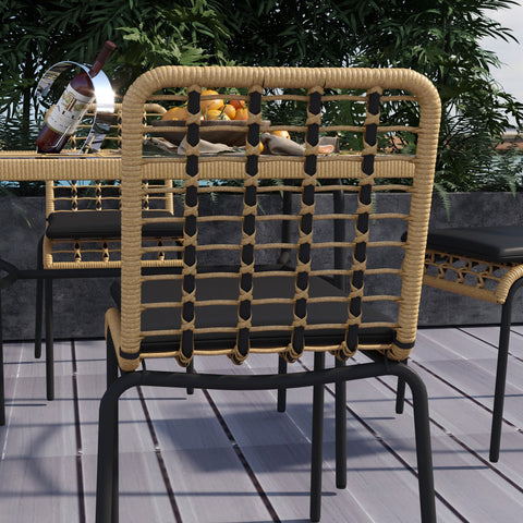 Rootz 5-Piece Rattan Garden Furniture Set - Patio Dining Set - Outdoor Table and Chairs - Cushioned Comfort - Table: 120x70x74cm, Chairs: 50x62x86cm