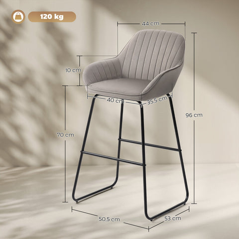 Rootz 2 Set Bar Chairs - Bar Stools - Upholstered Seats - Optimal Comfort - 50.5cm x 96cm - Metal Legs - Grey