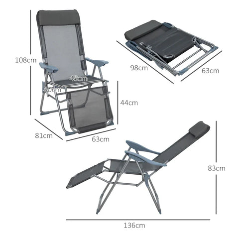 Rootz Opvouwbare Tuinstoel - Zonnebank - Ligstoel - Campingligstoel - Weerbestendig - Polyester - Grijs + Zilver - 63cm x 81cm x 108cm