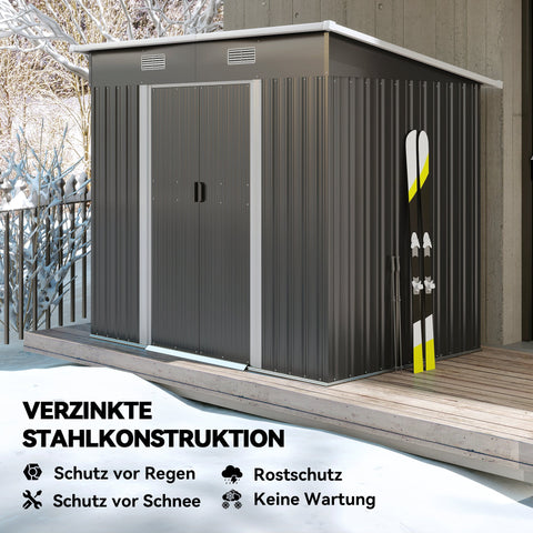 Rootz Equipment Shed Metal 2.3 m² - Garden Storage - Outdoor Tool Shed - Robust and Durable - 207 x 130 x 182 cm - Black - Pent Roof & Sliding Door