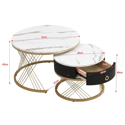 Rootz Modular Coffee Table Set - Marble Table - Elegant Side Tables - Storage - 70cm x 70cm x 45cm & 50cm x 50cm x 40cm
