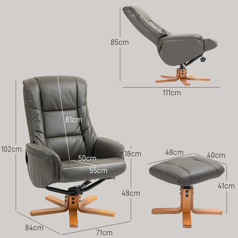 Rootz Recliner with Footrest - Adjustable Chair - Tilting Seat - 135° Rocking - 71W x 84D x 102H cm, Gray Synthetic Cover