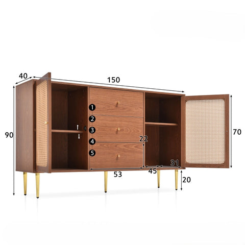 Rootz Faux Rattan Chest of Drawers - 2 Door, 3 Drawer - Walnut Finish - Ample Storage - 150L x 40D x 90H cm