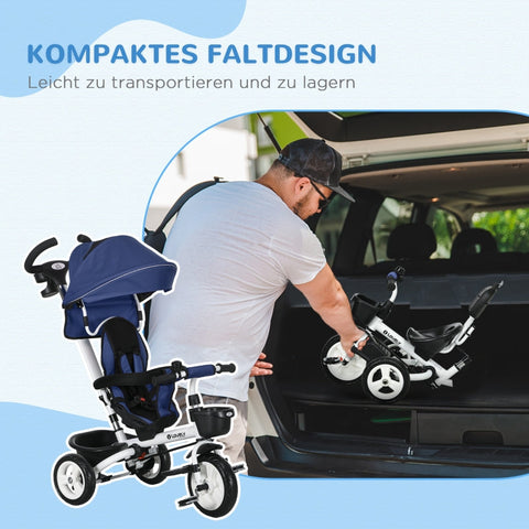 Rootz 6-in-1 Kinderdriewieler - Kinderdriewieler - Peuterfiets - Duwstang - Zonnekap - Reflecterende strips - 112cm x 50cm x 104cm - Donkerblauw