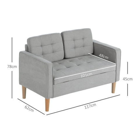 Rootz Two-Seater Sofa - Velvet Loveseat - Button Tufted Backrest - Storage Space - Light Gray - 117cm x 62cm x 78cm