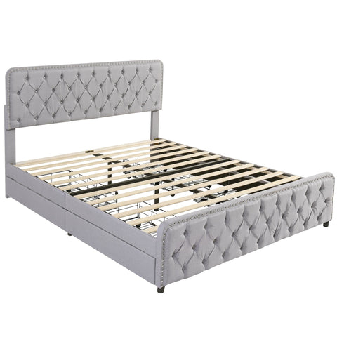 Rootz Upholstered Bed - Platform Bed - Storage Bed - Height-Adjustable Headboard - 211.5cm x 160cm x 108.5cm - Light Gray Linen Fabric