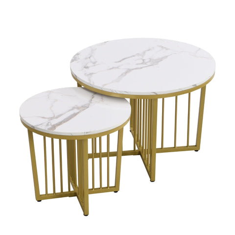 Rootz Nesting Coffee Table Set - High Gloss Tables - Marble Look - Luxurious Design - 70x70x50cm & 50x50x45cm - Gold-Plated Durability