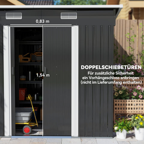 Rootz Equipment Shed Metal 2.3 m² - Garden Storage - Outdoor Tool Shed - Robust and Durable - 207 x 130 x 182 cm - Black - Pent Roof & Sliding Door
