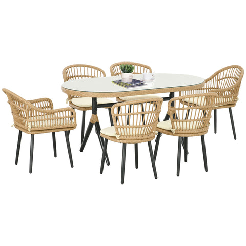 Rootz 7 Piece Rattan Dining Set - Garden Set - Outdoor Furniture - Comfort Pillows - Table 153x89x74cm - Chair 52x62x78cm