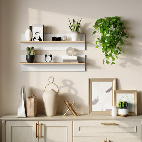 Rootz Wall Shelf Set of 2 - Floating Shelves - Display Shelf - Storage Solution - Durable & Easy to Clean - 80x16.5x20cm - White + Brown