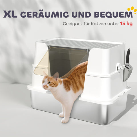 Rootz Stainless Steel Cat Toilet - Litter Box - Kitty Lavatory - Scratch-Resistant - XL Interior with Shovel - 60.2cm x 40.2cm x 44.5cm