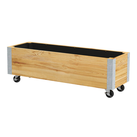 Rootz Rectangular Planter on Rolls - Plant Container - Rolling Planter - Optimal Drainage - 96 x 30.6 x 30 cm Natural Wood