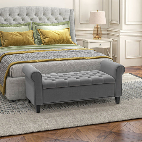 Rootz Upholstered Bed Bench - Velvet Bench - Storage Bench - Elegant Design - Ample Storage - Comfortable Seating - 126cm x 48.5cm x 57cm - Gray