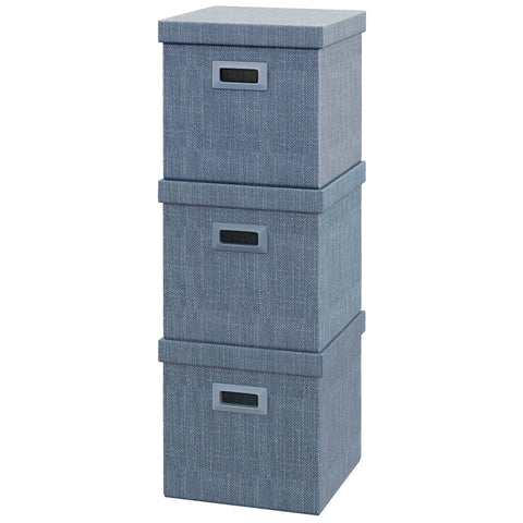 Rootz Storage Box Set - 3 Cubes - Collapsible Bins - Linen Look - Removable Lid - Side Handles - Space Saving - Blue - 30cm x 30cm x 29cm