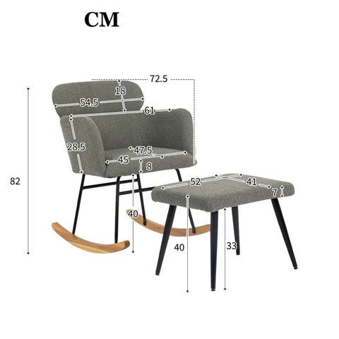Rootz Elegant Gray Rocking Chair Set - Lounge Chair - Relaxation Chair - Comfort & Modern Design - 61L x 72.5W x 82H cm & Footstool 52L x 41W x 40H cm