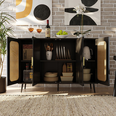Rootz Buffling Cabinet - Rattan Sideboard - Adjustable Shelf Storage - Modern Design - 120cm x 35cm x 89cm