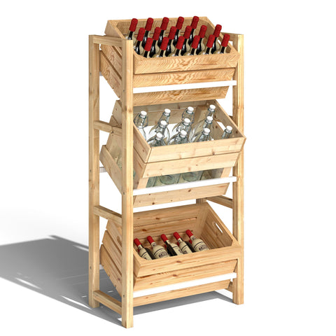 Rootz Beverage Crate Shelf - Wooden Storage Stand - 3-Tier Box Organizer - Natural Spruce Wood - 56 x 32 x 112 cm - Ideal for Parties & BBQs