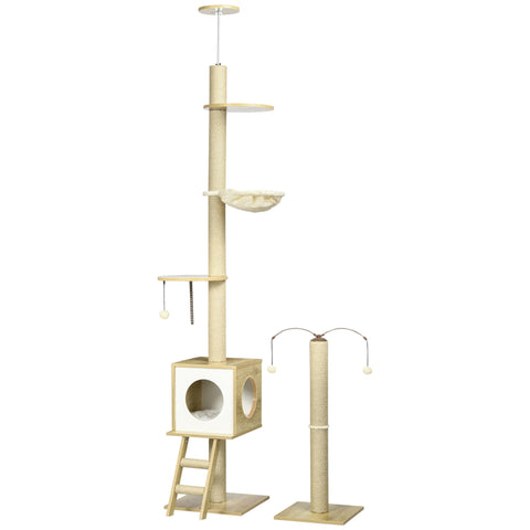 Rootz Adjustable Cat Scratching Post - Cat Tree Tower - Cat Activity Center - Floor to Ceiling - 40cm x 40cm x 225-285cm