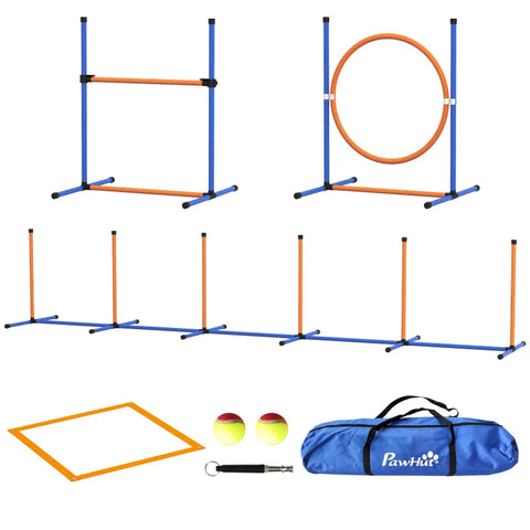 Rootz Dog Agility Set - 1 Slalom - Dog Course - 1 Hoop - Tennis Ball - L-shaped Ground Spike - Oxford Carry Bag - Plastic - Orange-blue - 352cm x 66cm x 69cm
