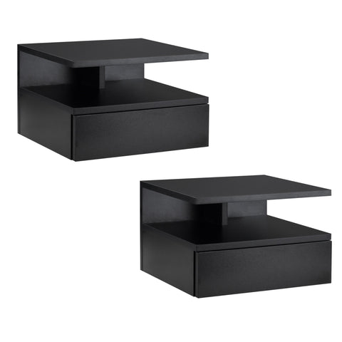 Rootz Set of 2 Floating Nightstands - Wall Bedside Tables - Extendable Drawers - Space Saver Design - Black Chipboard - 35W x 32D x 22.5H cm