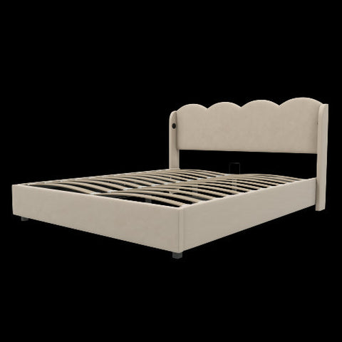 Rootz Double Bed - Wavy Headboard - Hydraulic Storage - Velvet Optics - USB Ports - 205cm x 148cm x 96cm