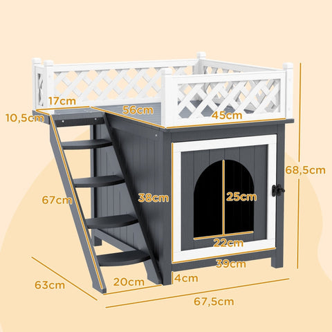 Rootz Cat Cave - Cozy Feline House - Pet Hideaway - Elevated Design - Fir Wood - Versatile Litter Box Cover - 67.5L x 63W x 68.5H cm