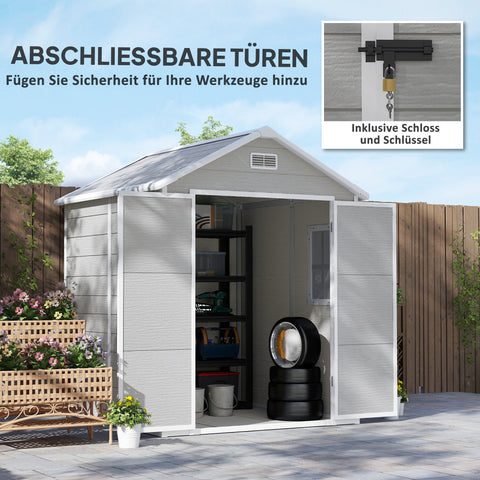 Rootz Plastic Garden Shed - Tool Shed - Outdoor Storage Unit - Weatherproof & Lockable - Ventilated & UV Resistant - 182x151x219cm - Grey, White