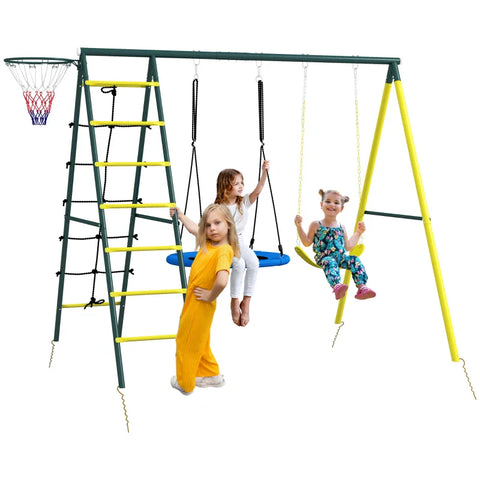 Rootz Kinderschommelset - 4 in 1 Schommelframe Schommel - Basketbalring - Klimladder - Tuinschommel - 3-8 jaar Kinderen - Kunststof+oxforddoek - Geel+groen+blauw - 267L x 180W x 202H cm