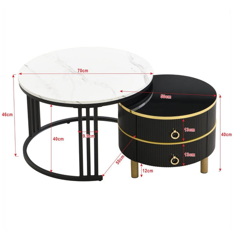 Rootz Modern 2-in-1 Coffee Table Set - Marble Pattern Table - High Gloss Tabletop - Space Saving - 70 x 70 x 46 cm & 50 x 50 x 40 cm