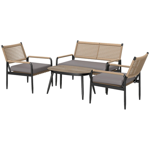 Rootz Grey + Yellow Poly Rattan Lounge Set - Garden Furniture - Outdoor Seating - UV-Resistant - 62L x 82H cm Armchair, 112L x 64B x 82H cm Loveseat Table