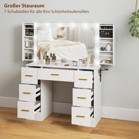 Rootz Dressing Table with Mirror - Vanity Table - Makeup Desk - 12 LED Lights - White Chipboard - 7 Drawers - 100cm x 40cm x 137cm