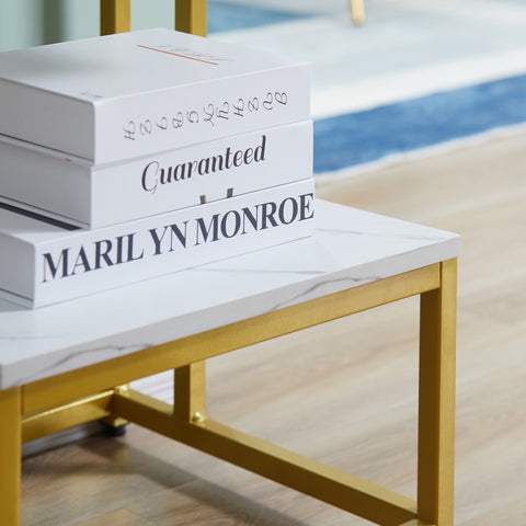 Rootz NeoRetro Side Table - Coffee Table - Bedside Table - Elegant Design - 45cm x 40cm x 61.5cm - Golden Steel & Marble Effect