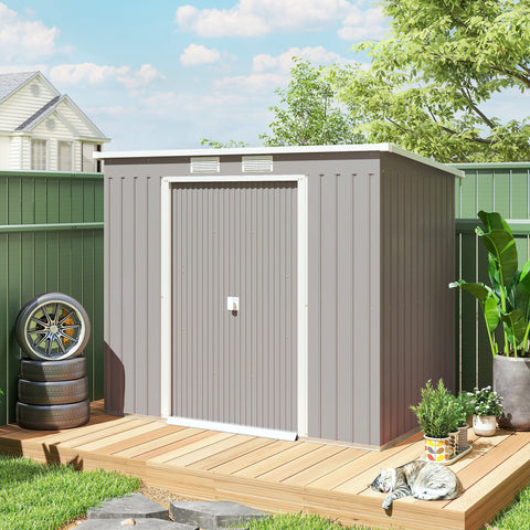 Rootz Tool Shed – Outdoor Storage, Garden Shelter – Galvanized Steel, Ventilated, Sliding Doors, Grey – 213x130x172cm Durable