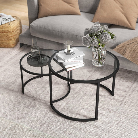 Rootz Set of 2 Side Tables - Industrial Design - Stackable Tables - Space-Saving - Durable & Easy to Clean - Stable Base - Ø70 x 47.5H cm (Large) & Ø54 x 42.5H cm (Small) - Steel & Tempered Glass