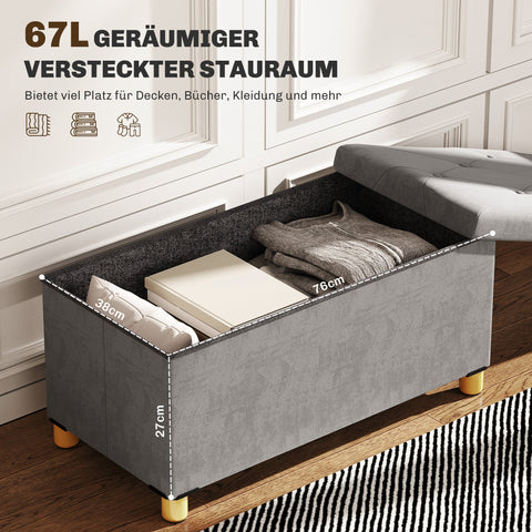 Rootz 67 Liter Storage Bench - Chest - Footstool - Velvet-Like Fabric - Comfortable Seat - 76cm x 38cm x 38cm