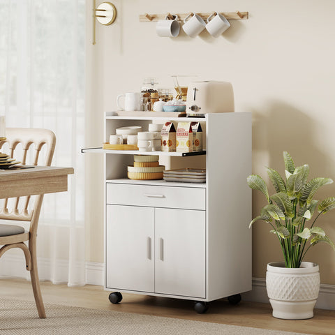Rootz Microwave Cabinet - Kitchen Storage Shelf - Rolling Pantry - Double Door, Drawer, Wheels, Space Saving - 59x40x92cm, White