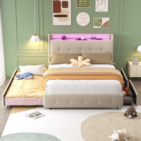 Rootz Double Bed with USB Headboard - Modern Guest Bed - Storage Beds - LED Lighting - 222cm x 148.5cm x 113cm