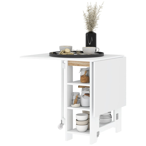 Rootz Foldable Kitchen Table - Dining - Space-Saving - 3 Shelves - Modern Design - 120cm x 60cm x 75cm - White