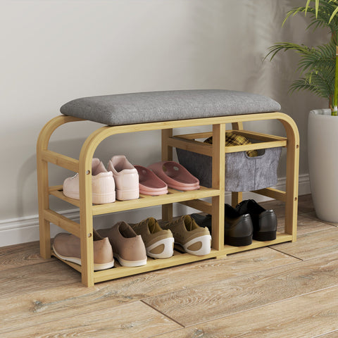 Rootz Shoe Bench with Shelves - Shoe Storage Bench - Bamboo Seat - Upholstered Seat - 70cm x 30cm x 45cm - Soft Comfort & Efficient Organization