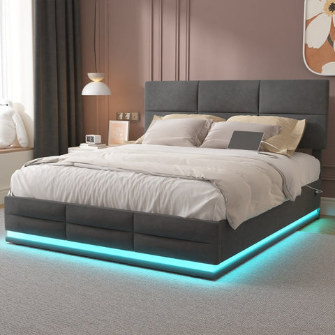 Rootz Modern Double Bed - Space Gray Velvet - LED Light Bed - USB Charging Bed - Ample Storage - 208.5cm x 144cm x 105-115cm
