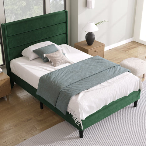 Rootz Single Bed - Slatted Headboard - Velvet Look - Elegant & Comfortable - 90 x 200 cm - With Storage Space - 96W x 209D x 111H cm
