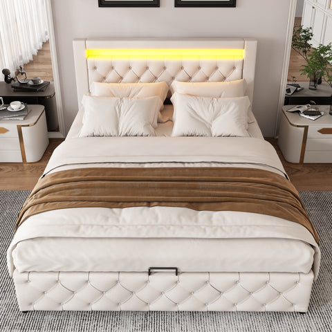 Rootz Upholstered Bed - Slatted Frame - Storage Space - LED Lighting - 140 x 200 cm - White - Durable PU Frame - 207L x 142W x 99H cm