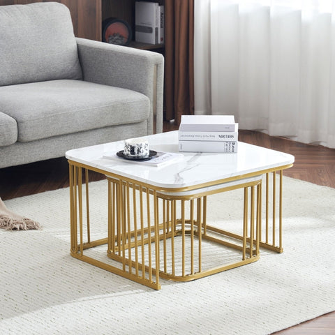 Rootz 2 Piece High Gloss Marble Look Coffee Tables - Nesting Tables - Modern Living Room Tables - Scratch Resistant - 70x70x45cm & 50x50x36.5cm
